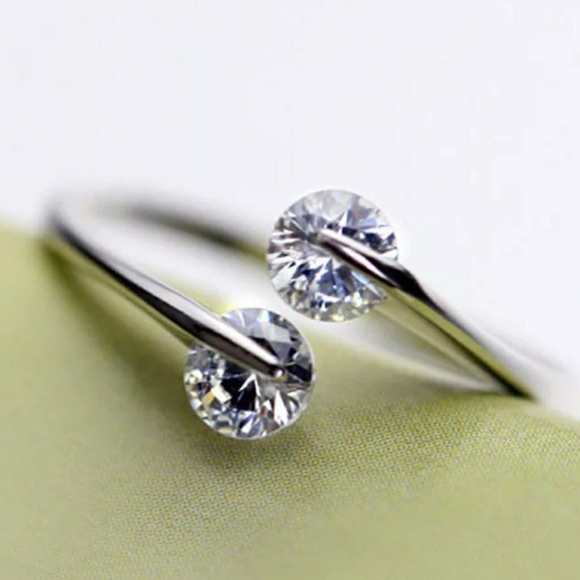 Silver Double Round Crystal Adjustable Open Ring - Picture 3 of 4